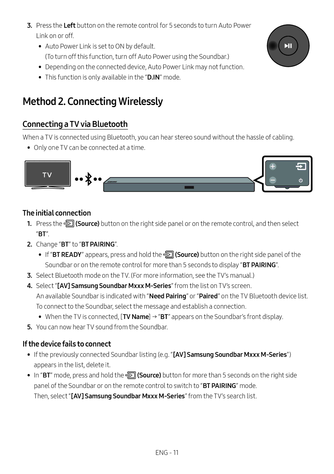 Samsung HW-M550/EN, HW-M550/ZF manual Method 2. Connecting Wirelessly, Connecting a TV via Bluetooth, Initial connection 