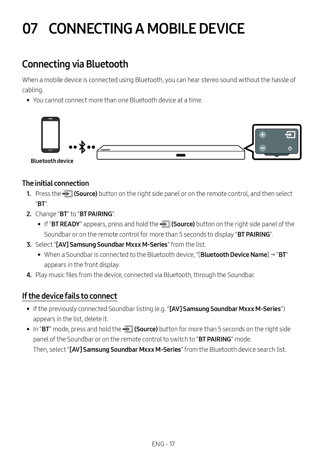 Samsung HW-M550/EN Connecting a Mobile Device, Connecting via Bluetooth, If the device fails to connect, Bluetooth device 