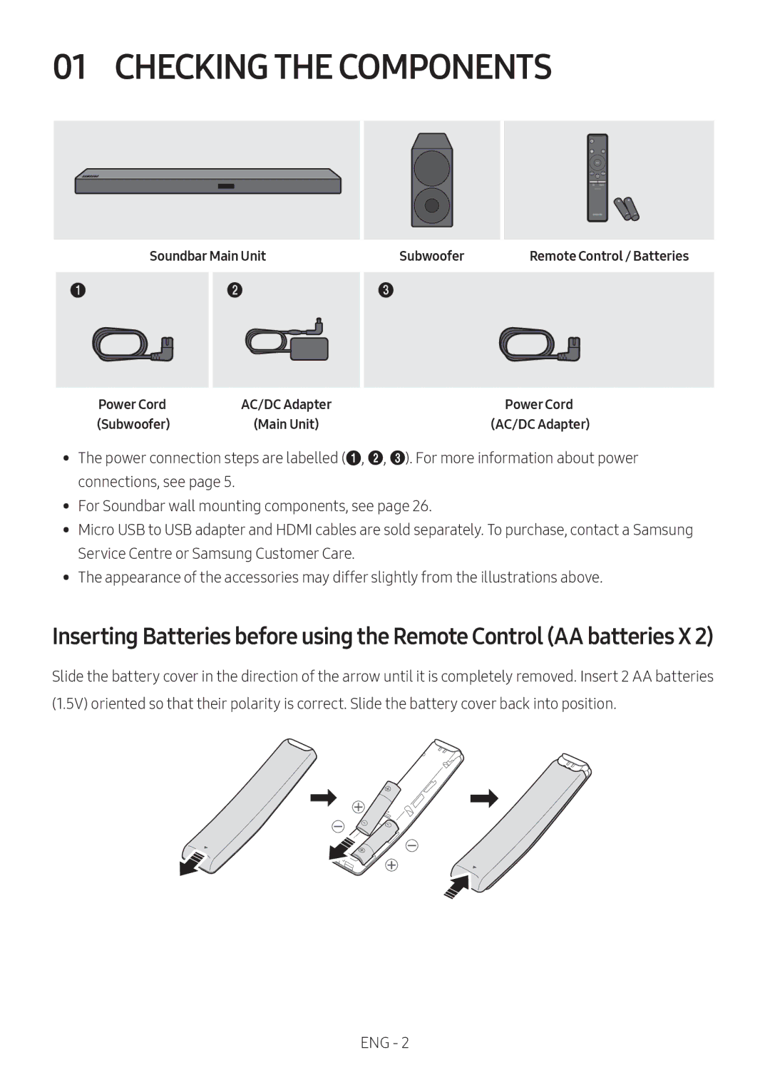 Samsung HW-M550/EN, HW-M550/ZF, HW-M560/XE manual Checking the Components, Soundbar Main Unit Subwoofer, Power Cord 