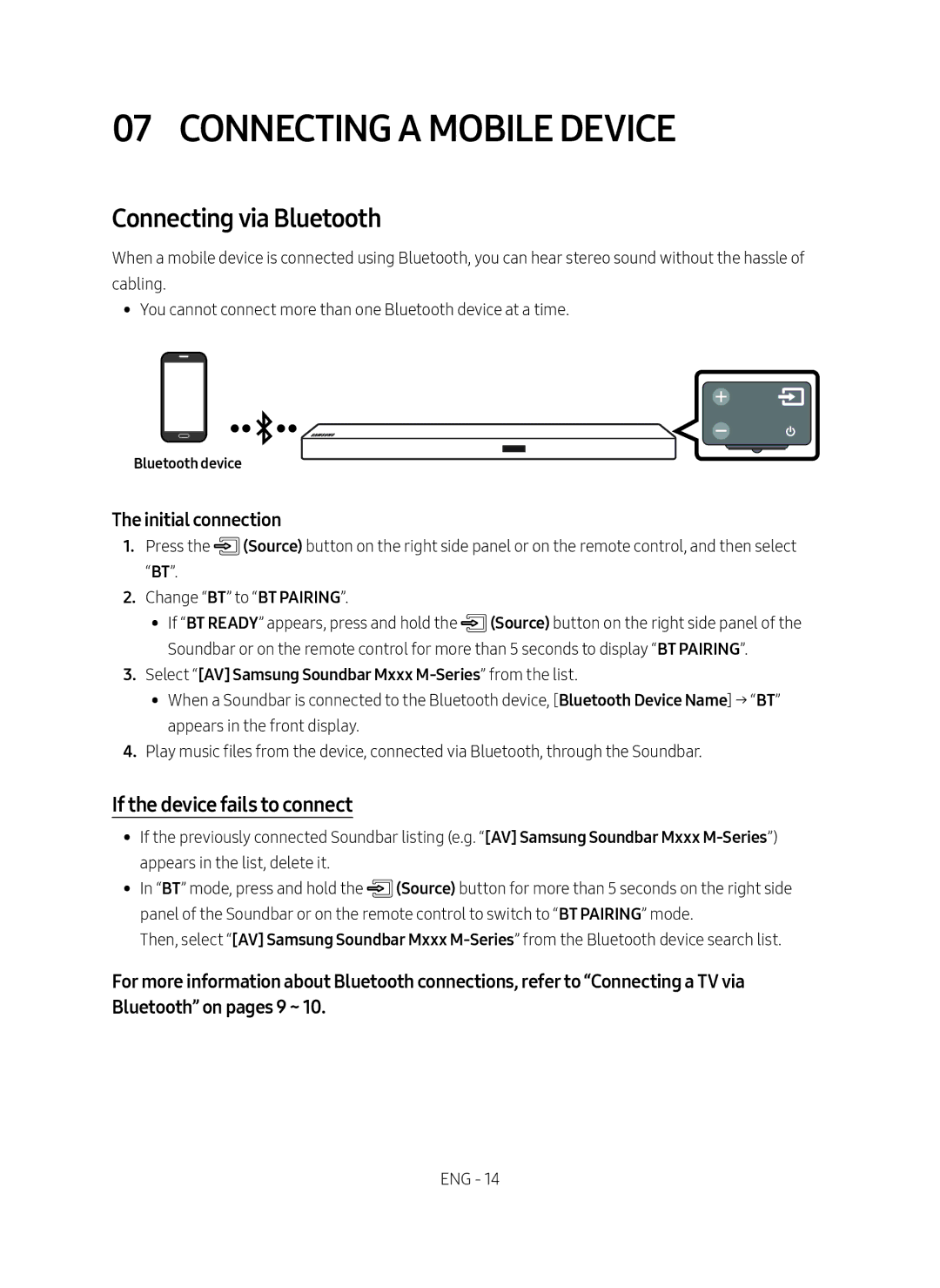 Samsung HW-M550/EN Connecting a Mobile Device, Connecting via Bluetooth, If the device fails to connect, Bluetooth device 