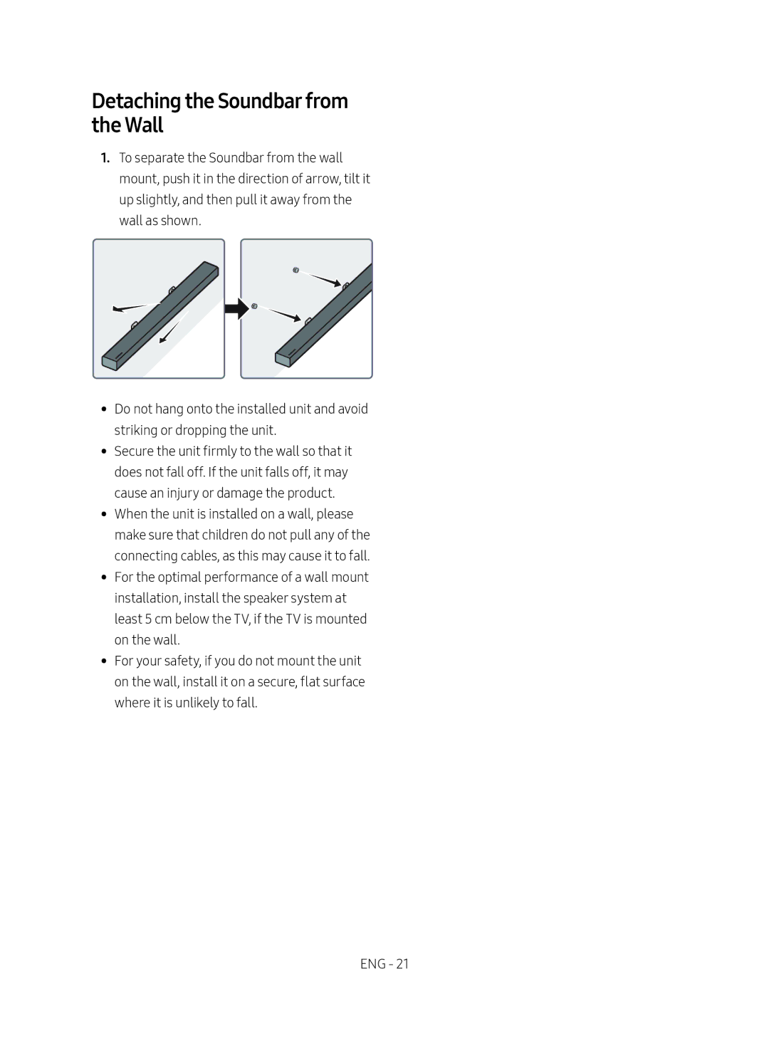 Samsung HW-M550/EN manual Detaching the Soundbar from the Wall 