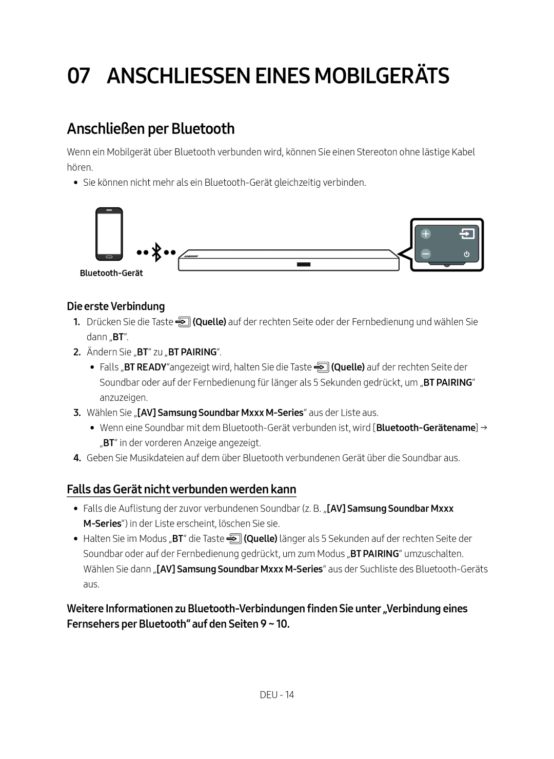 Samsung HW-M550/EN Anschliessen eines Mobilgeräts, Anschließen per Bluetooth, Falls das Gerät nicht verbunden werden kann 