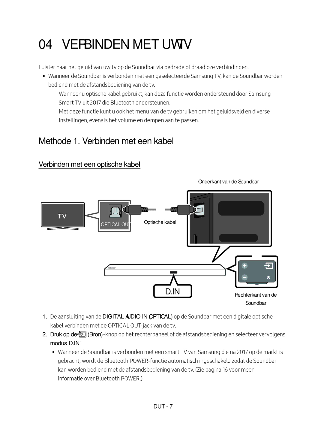 Samsung HW-M550/EN manual Verbinden met uw TV, Methode 1. Verbinden met een kabel, Verbinden met een optische kabel 