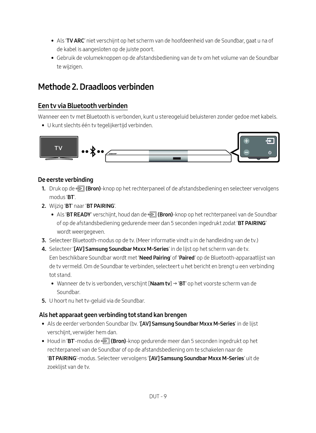 Samsung HW-M550/EN manual Methode 2. Draadloos verbinden, Een tv via Bluetooth verbinden, De eerste verbinding 