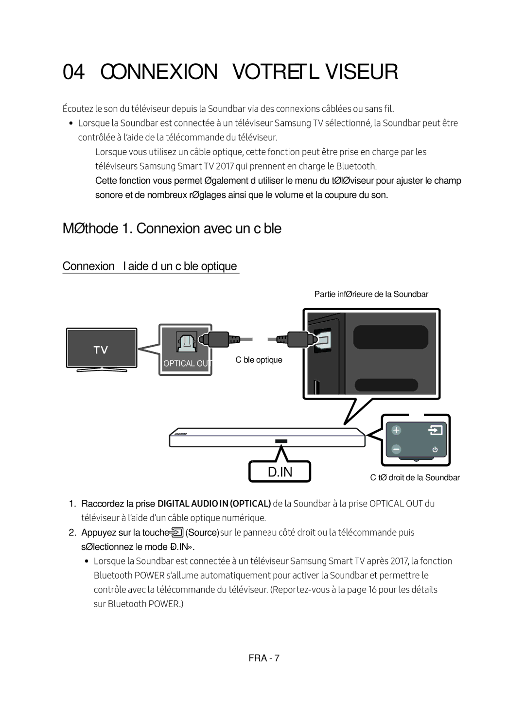 Samsung HW-M550/EN Connexion à votre Téléviseur, Méthode 1. Connexion avec un câble, Connexion à l’aide d’un câble optique 