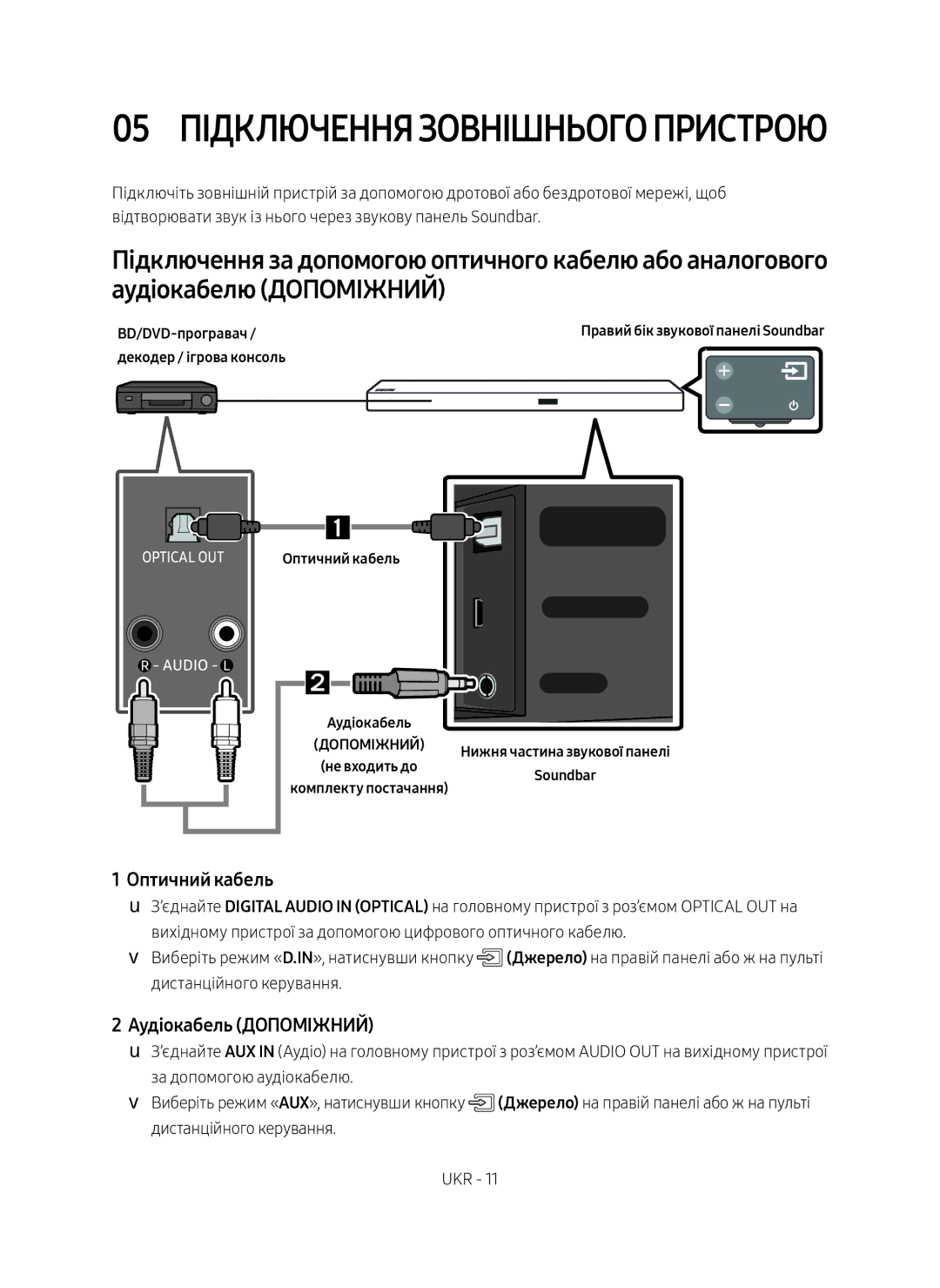 Samsung HW-M550/RU manual 05 Підключення зовнішнього пристрою, Оптичний кабель, Аудіокабель Допоміжний 