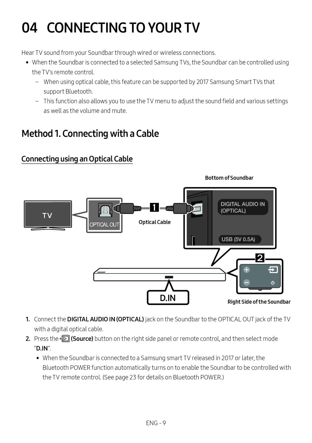 Samsung HW-M550/SQ manual Connecting to Your TV, Method 1. Connecting with a Cable, Connecting using an Optical Cable 