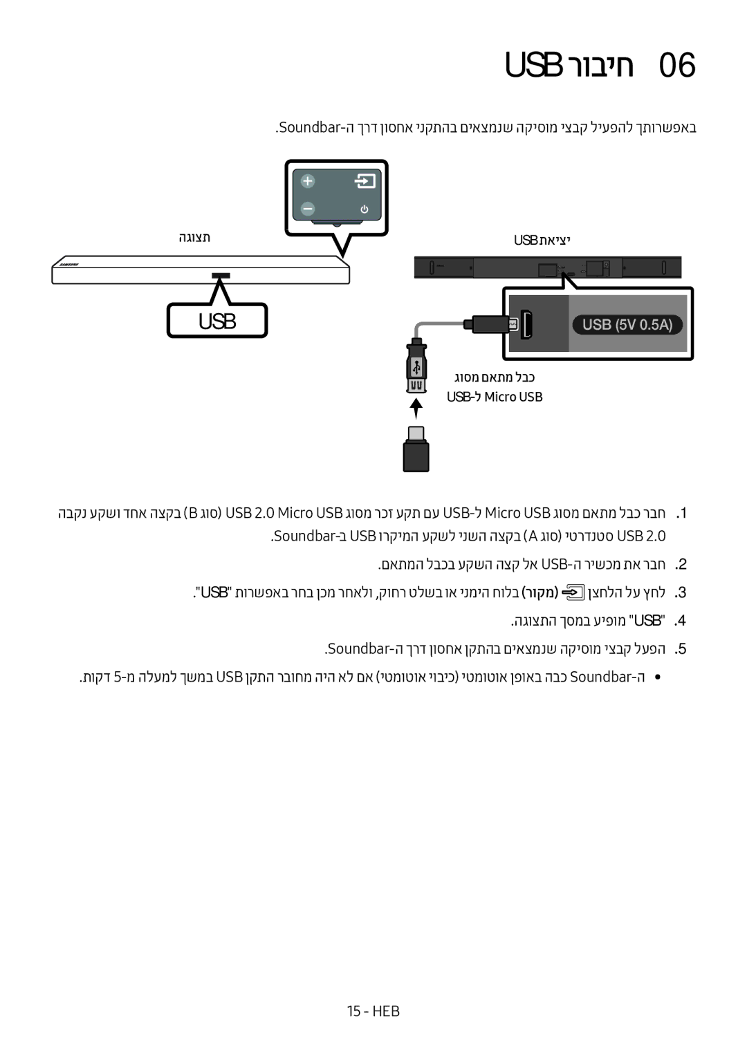 Samsung HW-M550/SQ manual USB רוביח0, הגוצת, גוסמ םאתמ לבכ USB-ל Micro USB 