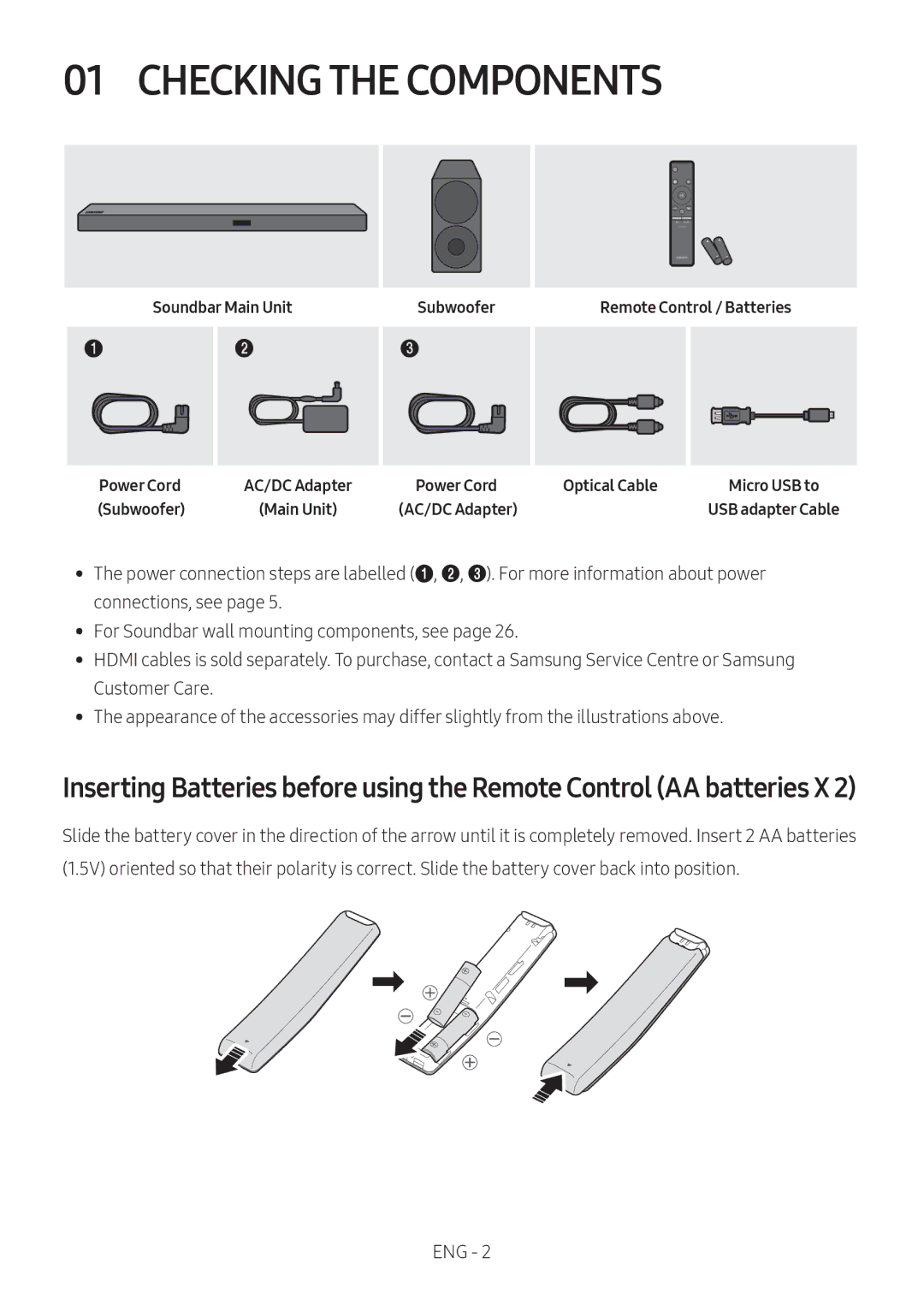 Samsung HW-M550/SQ manual Checking the Components, Soundbar Main Unit Power Cord, Subwoofer, Optical Cable 