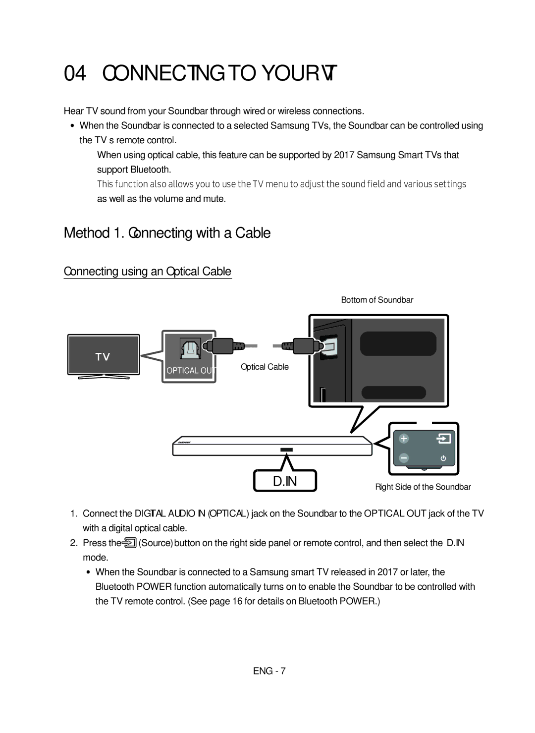 Samsung HW-M550/SQ manual Connecting to your TV, Method 1. Connecting with a Cable, Connecting using an Optical Cable 