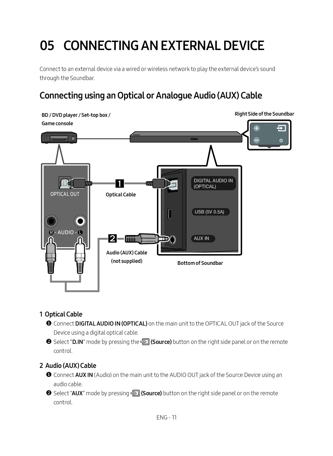 Samsung HW-M550/SQ Connecting an External Device, Connecting using an Optical or Analogue Audio AUX Cable, Optical Cable 