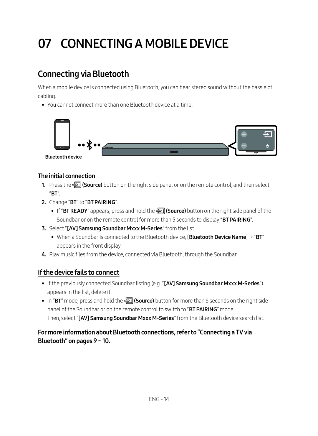 Samsung HW-M550/SQ Connecting a Mobile Device, Connecting via Bluetooth, If the device fails to connect, Bluetooth device 