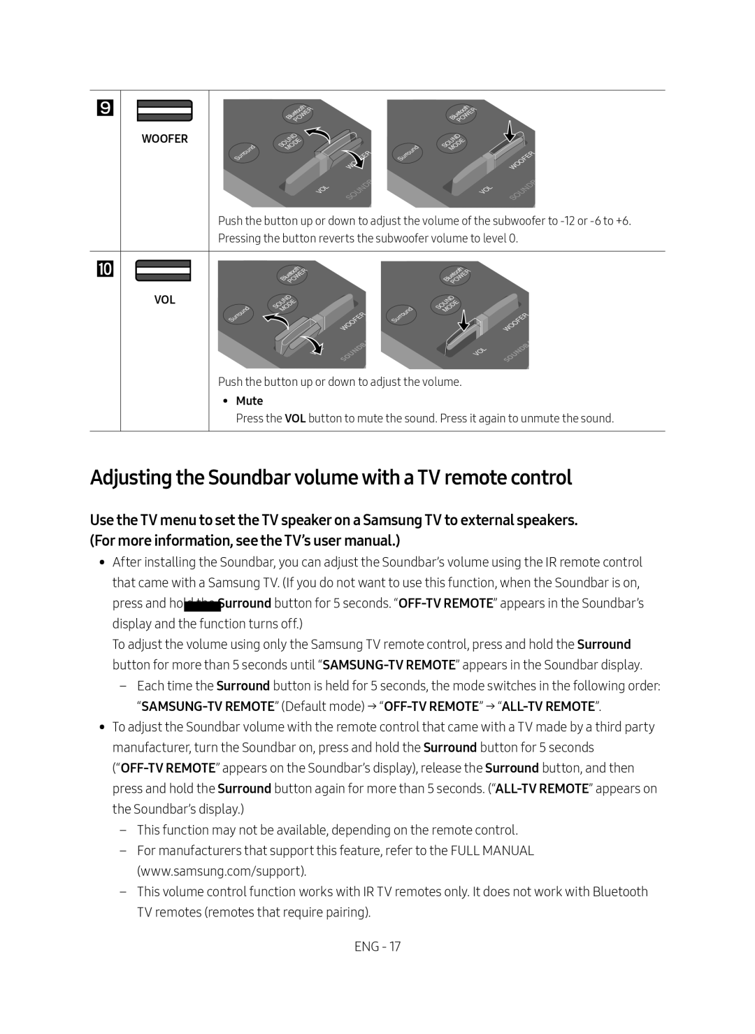 Samsung HW-M550/SQ manual Adjusting the Soundbar volume with a TV remote control, Mute 