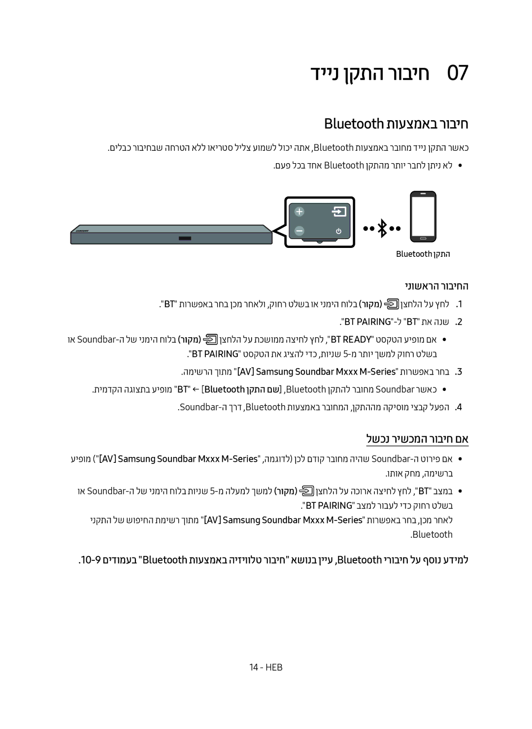 Samsung HW-M550/SQ manual דיינ ןקתה רוביח0, Bluetooth תועצמאב רוביח, לשכנ רישכמה רוביח םא, BT PAIRING-ל BT תא הנש2 