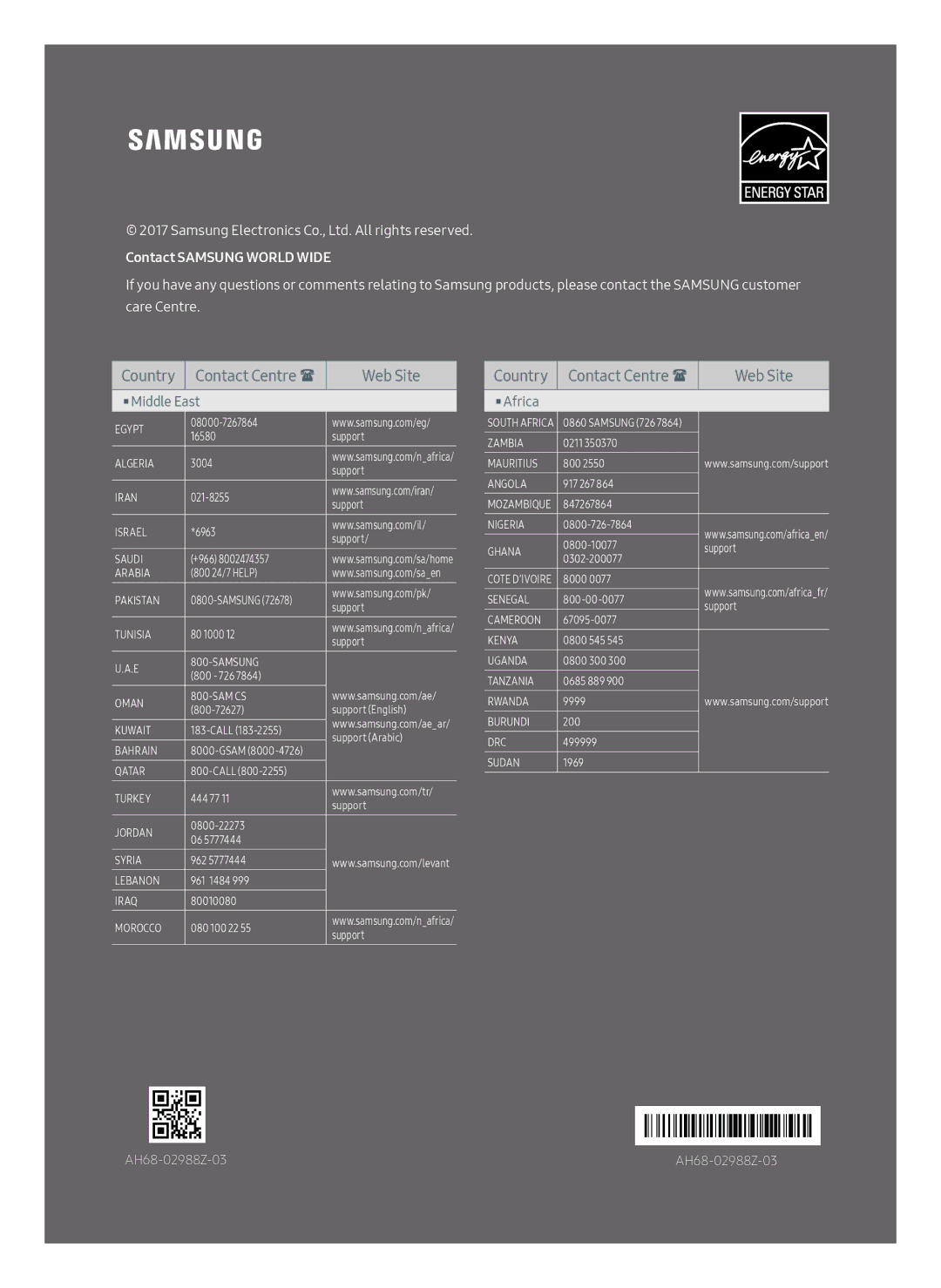 Samsung HW-M550/SQ manual Country Contact Centre  Web Site 