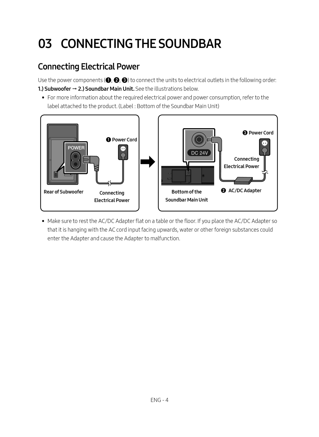 Samsung HW-M550/SQ manual Connecting the Soundbar, Connecting Electrical Power 