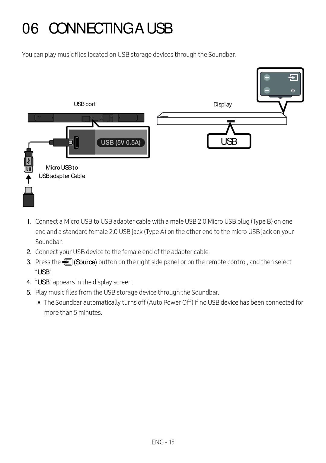 Samsung HW-M550/XV manual Connecting a USB, USB port Display, Micro USB to USB adapter Cable 