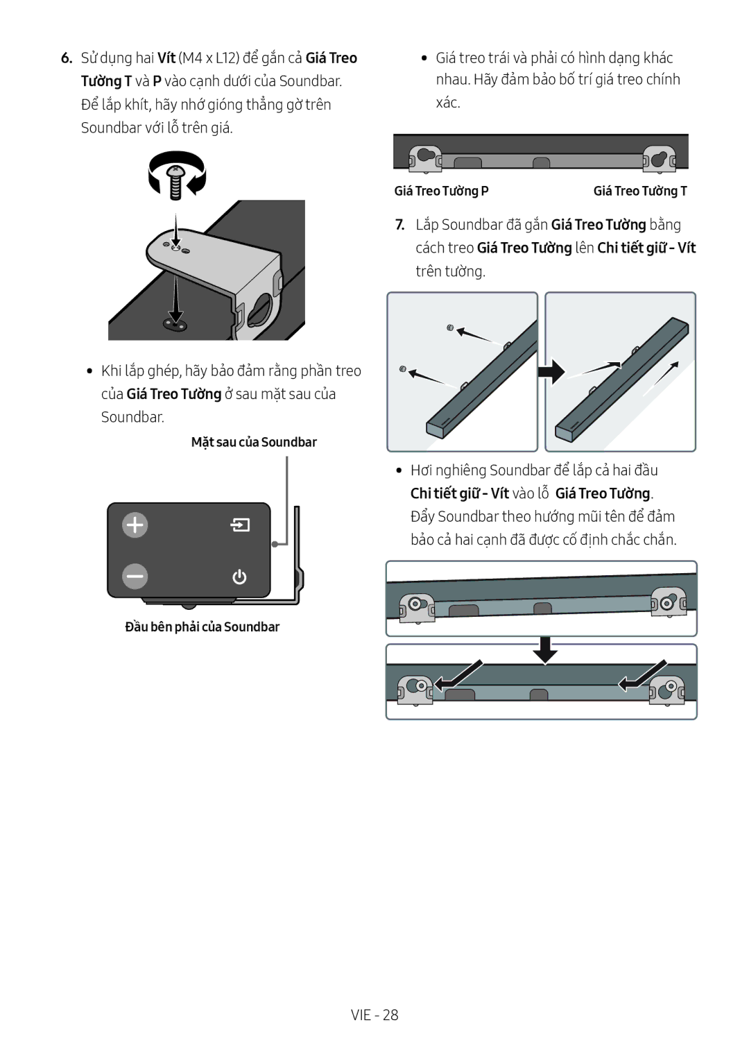 Samsung HW-M550/XV manual Chi tiết giữ Vít và̀o lỗ Giá Treo Tường, Mặt sau của Soundbar Đầu bên phải của Soundbar 