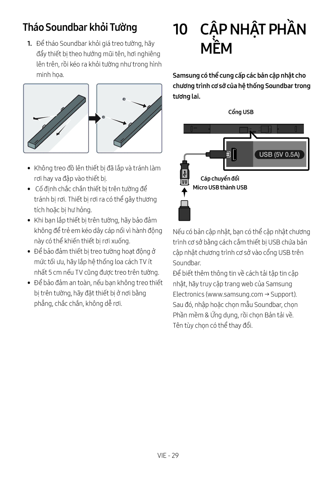 Samsung HW-M550/XV manual 10 CẬP Nhật Phần MỀM, Tháo Soundbar khỏi Tường, Cổng USB 