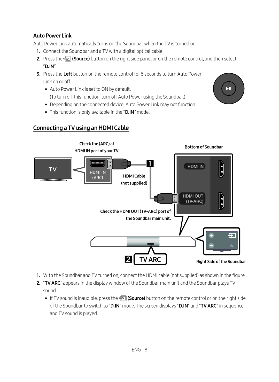 Samsung HW-M550/XV manual Connecting a TV using an Hdmi Cable, Auto Power Link, Check the ARC at Hdmi in port of your TV 