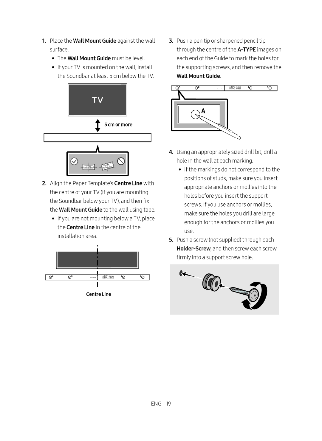 Samsung HW-M550/XV manual Wall Mount Guide, Cm or more, Centre Line 