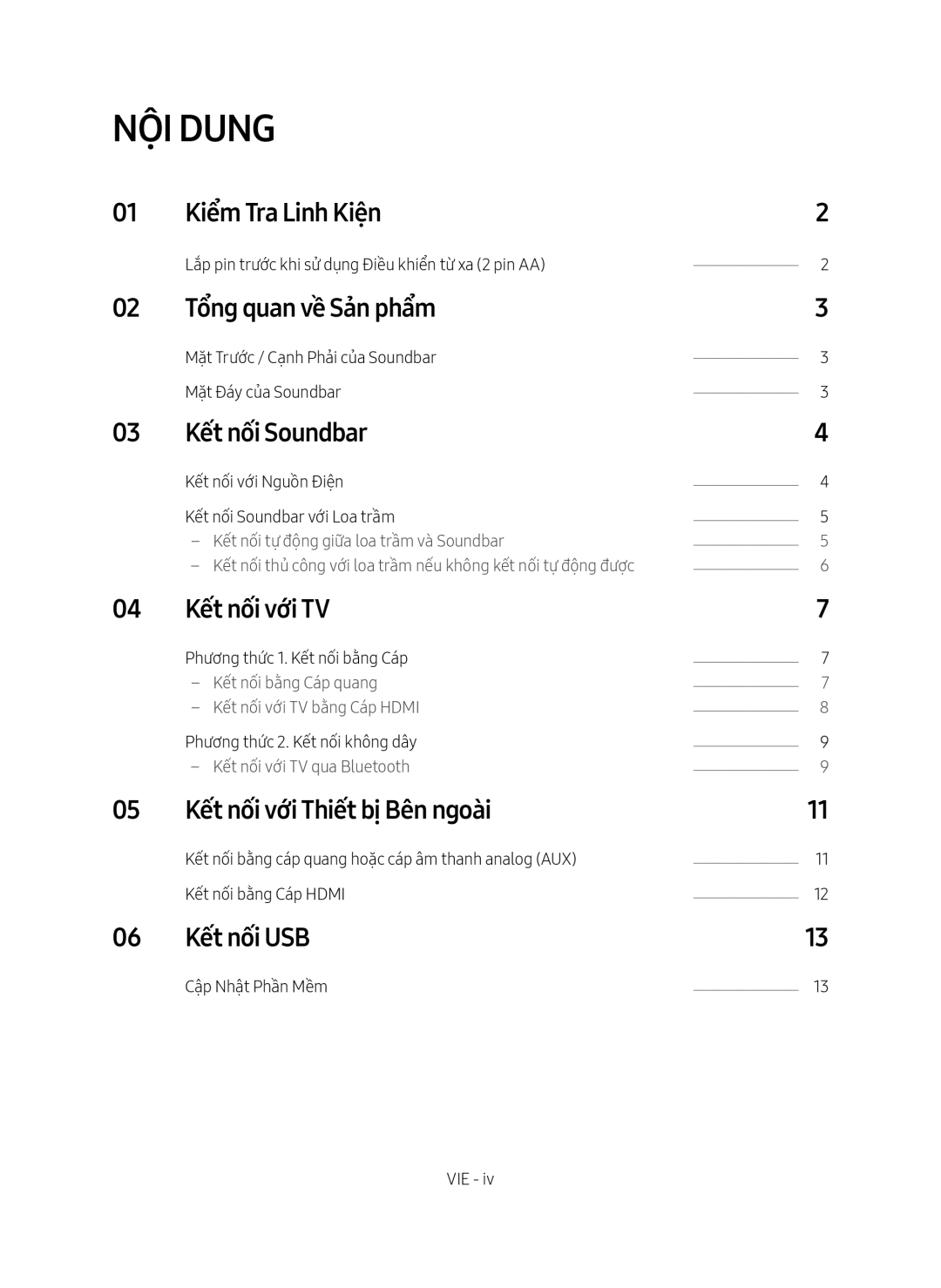 Samsung HW-M550/XV manual Kiểm Tra Linh Kiện, Tổng quan về Sản phẩm, Kết nối Soundbar, Kết nối với TV, Kết nối USB 