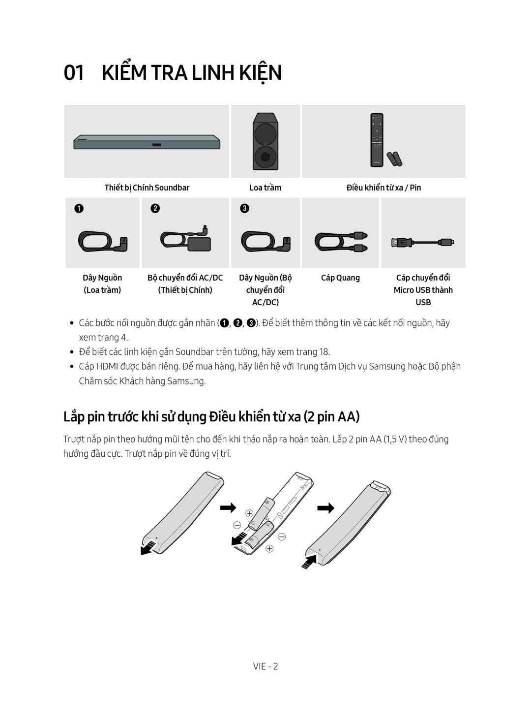 Samsung HW-M550/XV manual 01 Kiểm Tra Linh Kiện, Lắp pin trước khi sử dụng Điều khiển từ xa 2 pin AA, Dây Nguồ̀n, Cáp Quang 