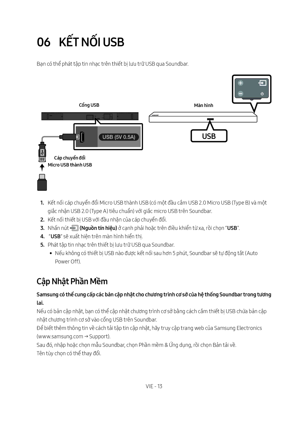 Samsung HW-M550/XV manual 06 Kết nối USB, Cập Nhật Phần Mềm, Cổng USB Màn hình, Cáp chuyển đổi Micro USB thành USB 