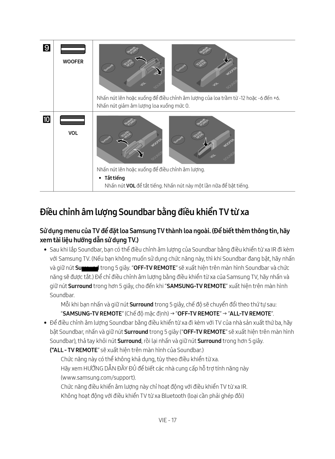 Samsung HW-M550/XV manual Điều chỉnh âm lượng Soundbar bằng điều khiển TV từ xa, Tắt tiếng 