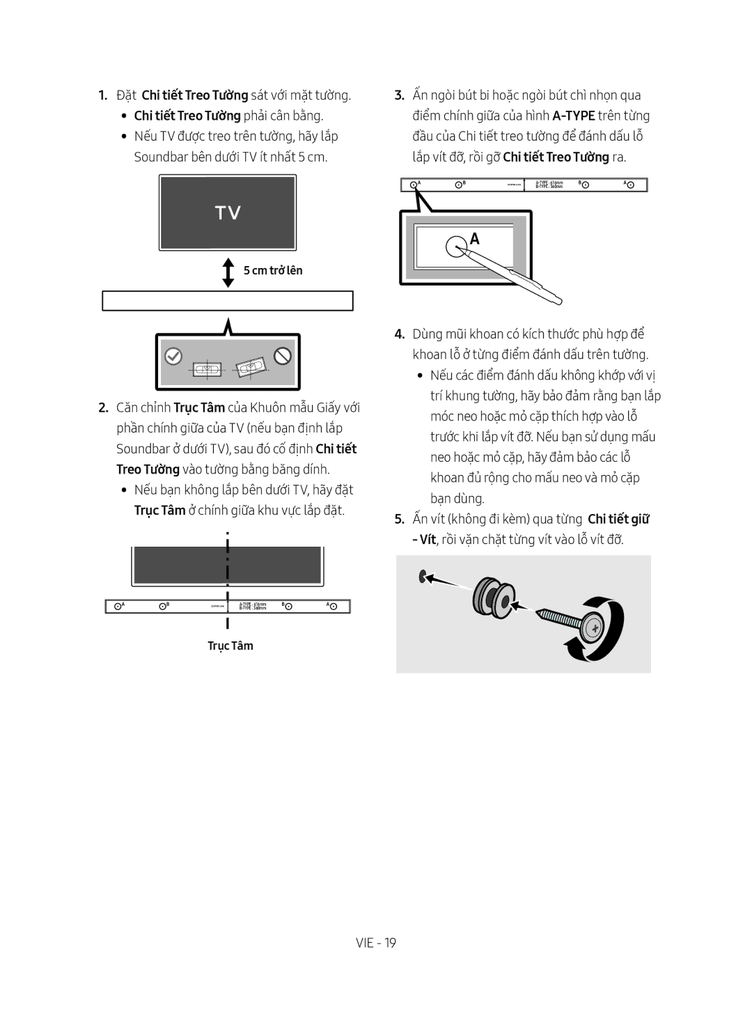 Samsung HW-M550/XV manual Chi tiết Treo Tường phả̉i cân bằ̀ng, Cm trở̉ lên, Trục Tâm 