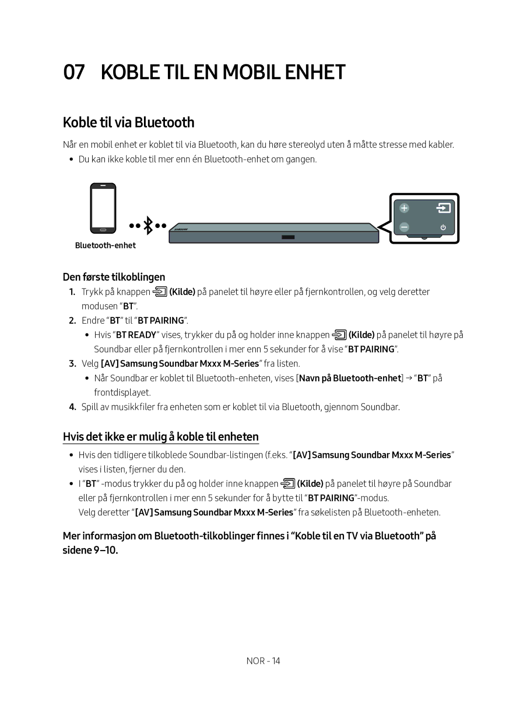 Samsung HW-M560/XE manual Koble til en mobil enhet, Koble til via Bluetooth, Hvis det ikke er mulig å koble til enheten 