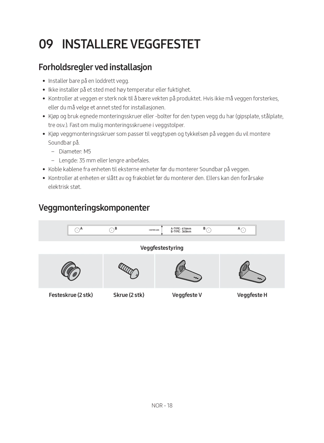 Samsung HW-M560/XE manual Installere veggfestet, Forholdsregler ved installasjon, Veggmonteringskomponenter 