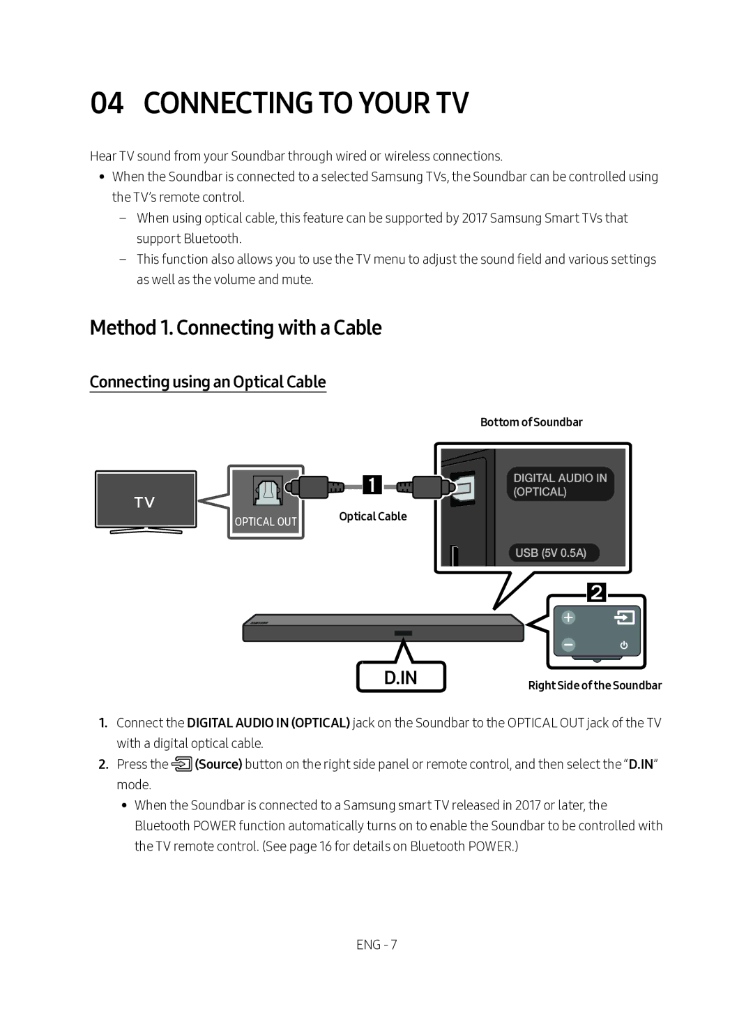 Samsung HW-M560/XE manual Connecting to your TV, Method 1. Connecting with a Cable, Connecting using an Optical Cable 