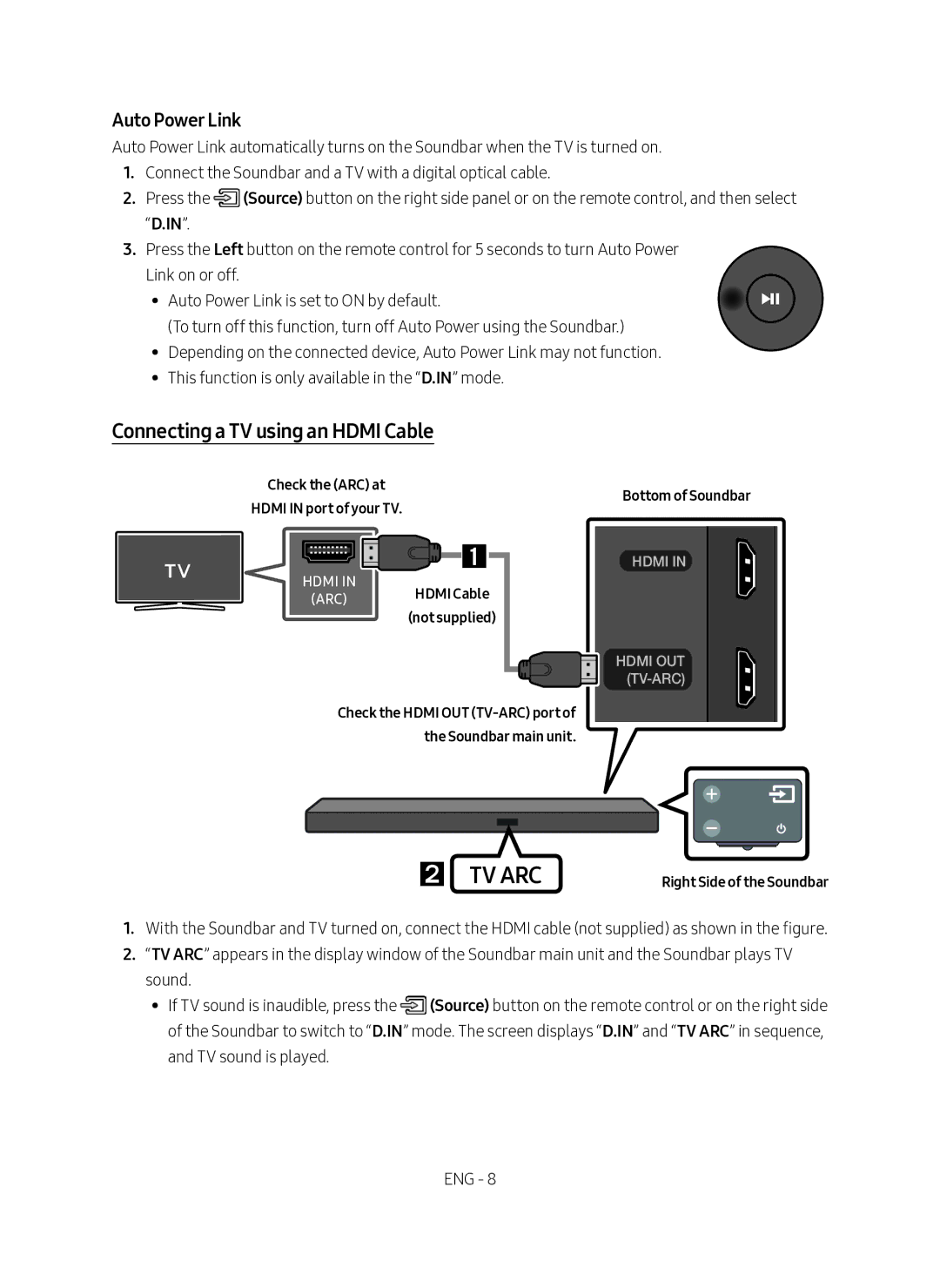 Samsung HW-M560/XE manual Connecting a TV using an Hdmi Cable, Auto Power Link, Check the ARC at Hdmi in port of your TV 