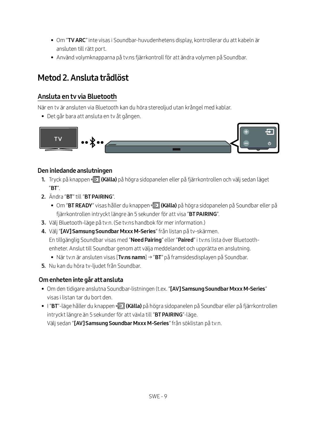 Samsung HW-M560/XE manual Metod 2. Ansluta trådlöst, Ansluta en tv via Bluetooth, Den inledande anslutningen 