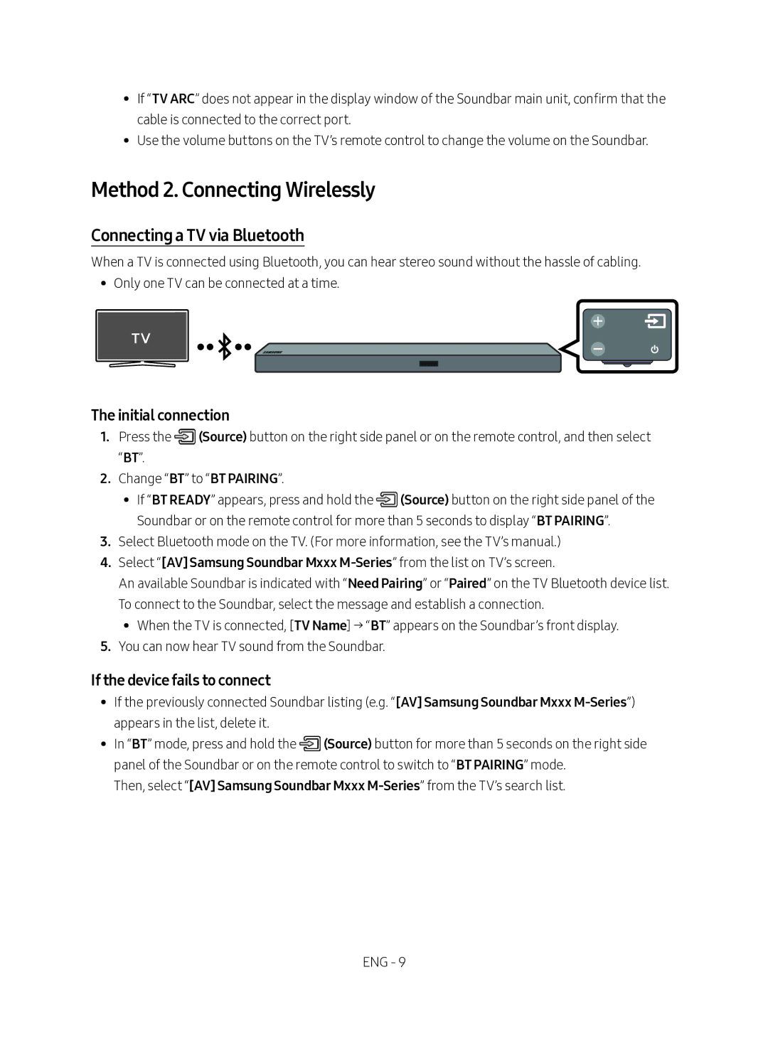 Samsung HW-M560/XE manual Method 2. Connecting Wirelessly, Connecting a TV via Bluetooth, Initial connection 