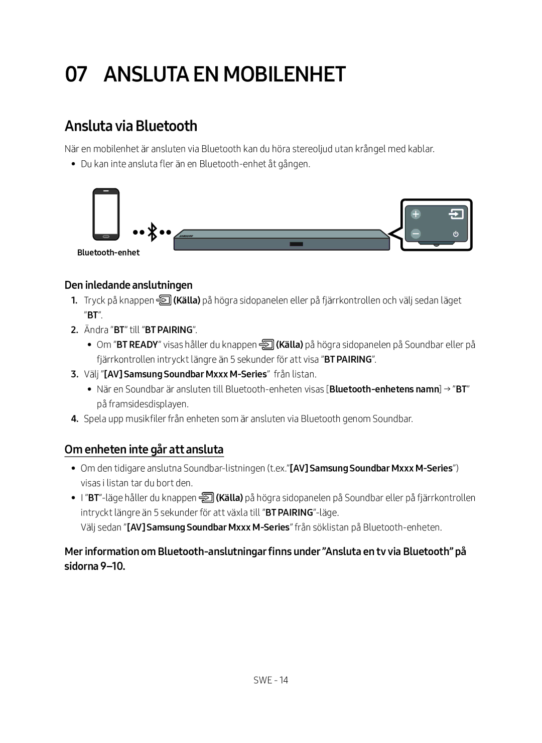 Samsung HW-M560/XE manual Ansluta en mobilenhet, Ansluta via Bluetooth, Om enheten inte går att ansluta 