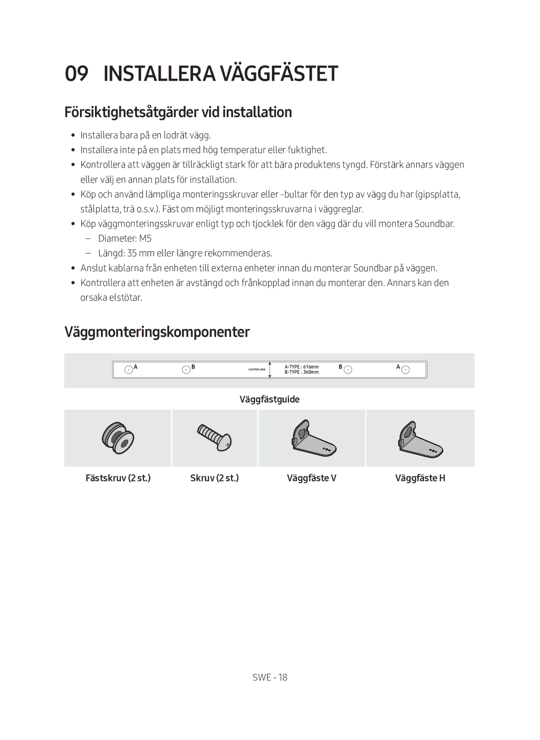 Samsung HW-M560/XE manual Installera väggfästet, Försiktighetsåtgärder vid installation, Väggmonteringskomponenter 