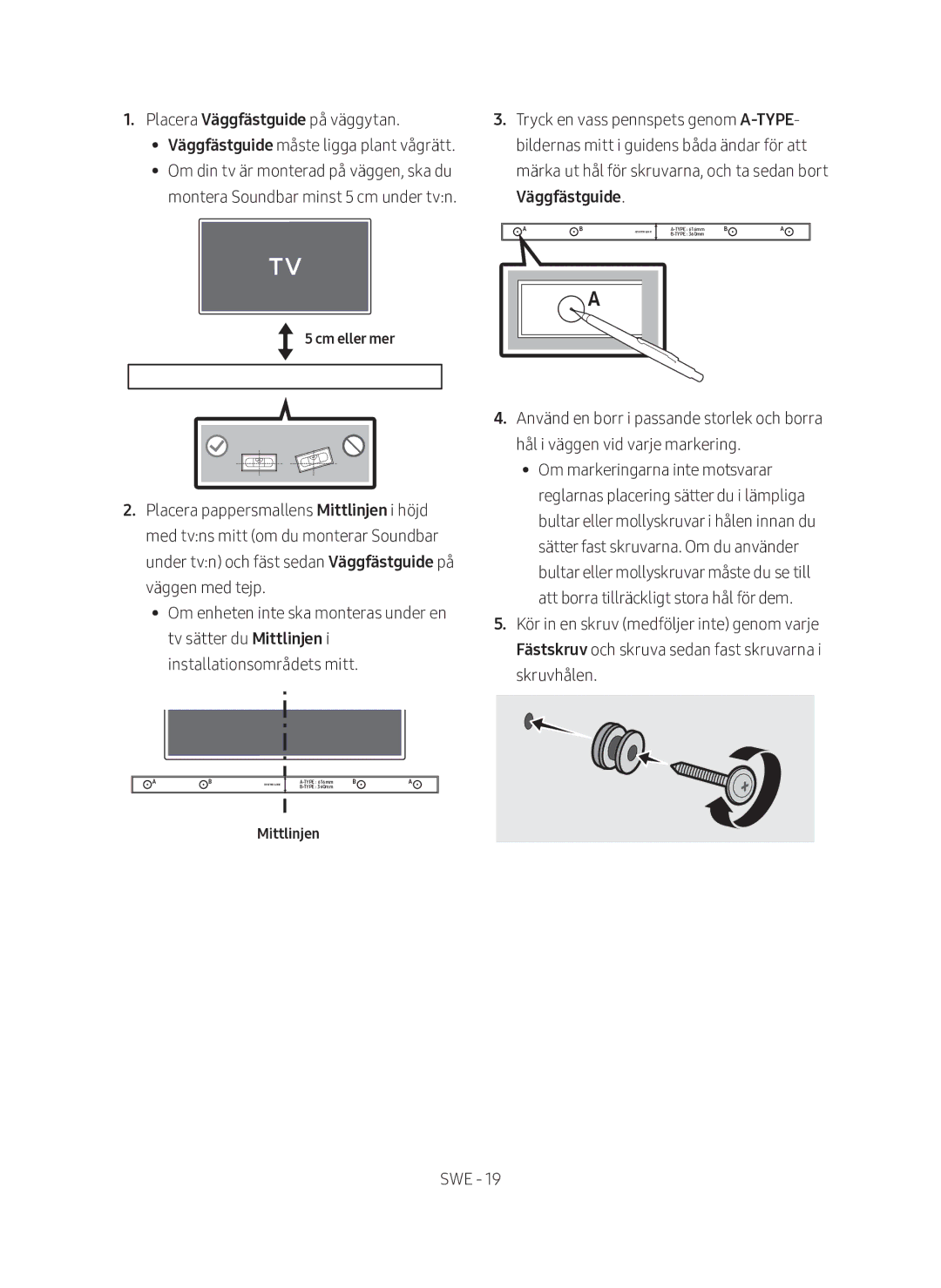 Samsung HW-M560/XE manual Väggfästguide, Mittlinjen 