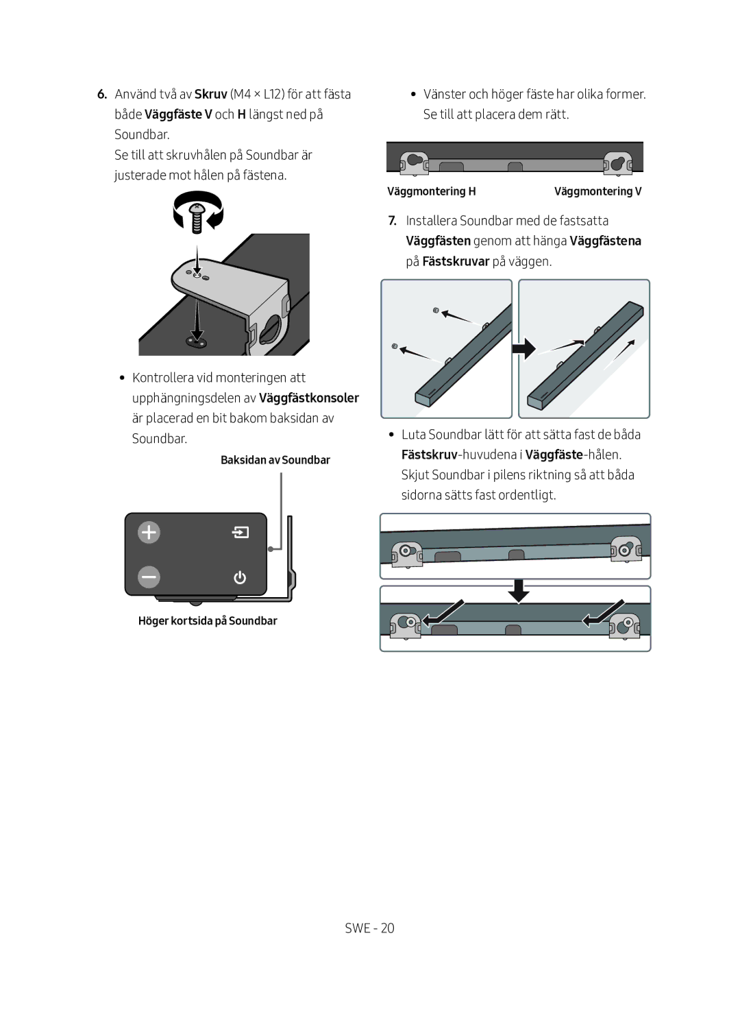 Samsung HW-M560/XE manual Baksidan av Soundbar Höger kortsida på Soundbar, Väggmontering H 