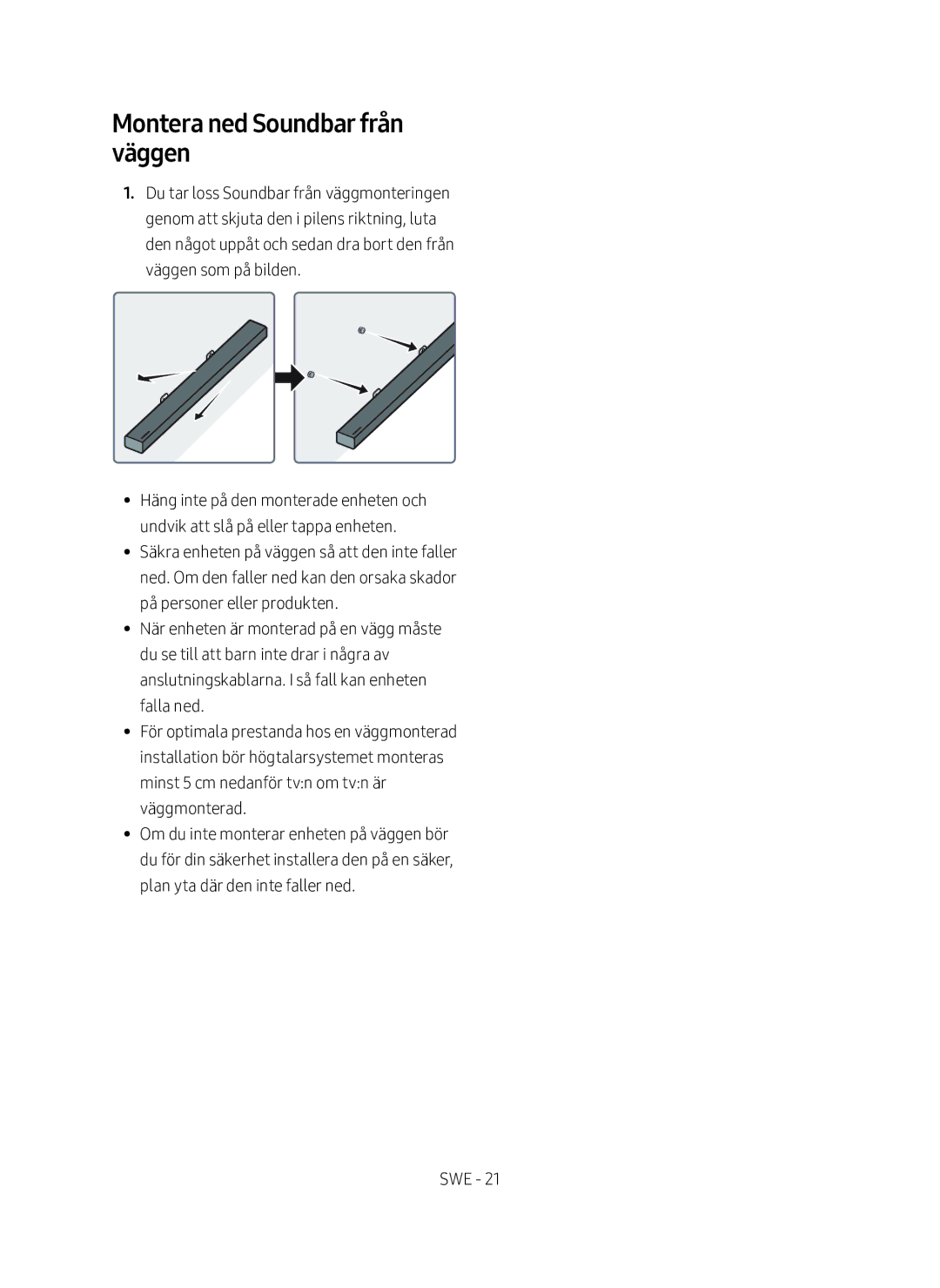 Samsung HW-M560/XE manual Montera ned Soundbar från väggen 