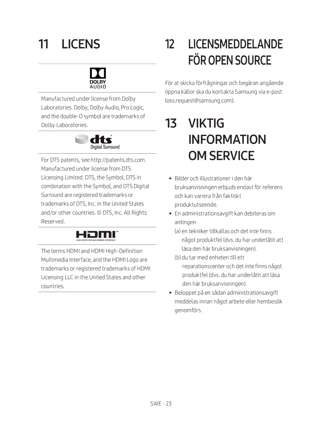 Samsung HW-M560/XE manual Viktig information om service, Licensmeddelande för open source 