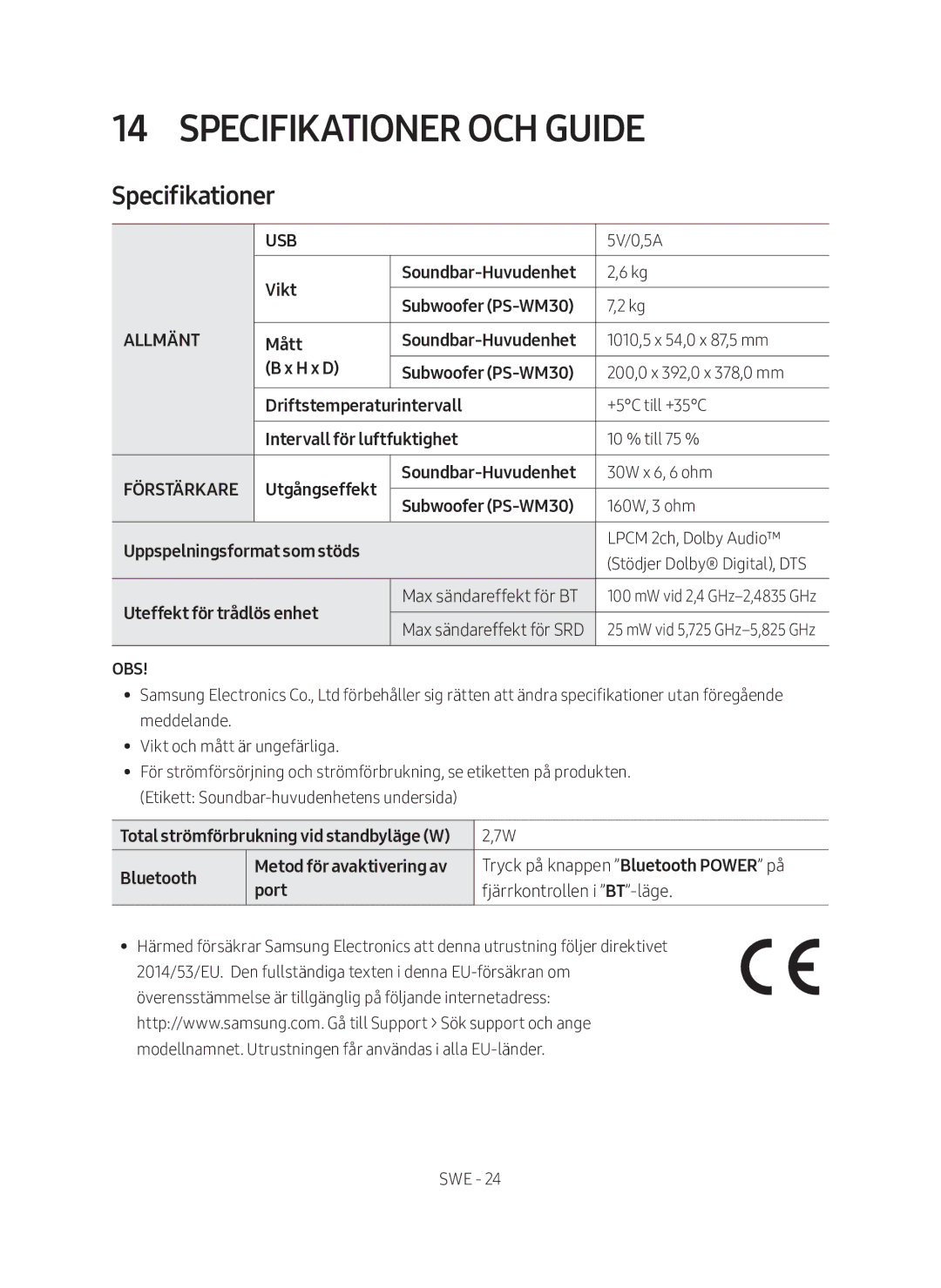 Samsung HW-M560/XE manual Specifikationer och guide 