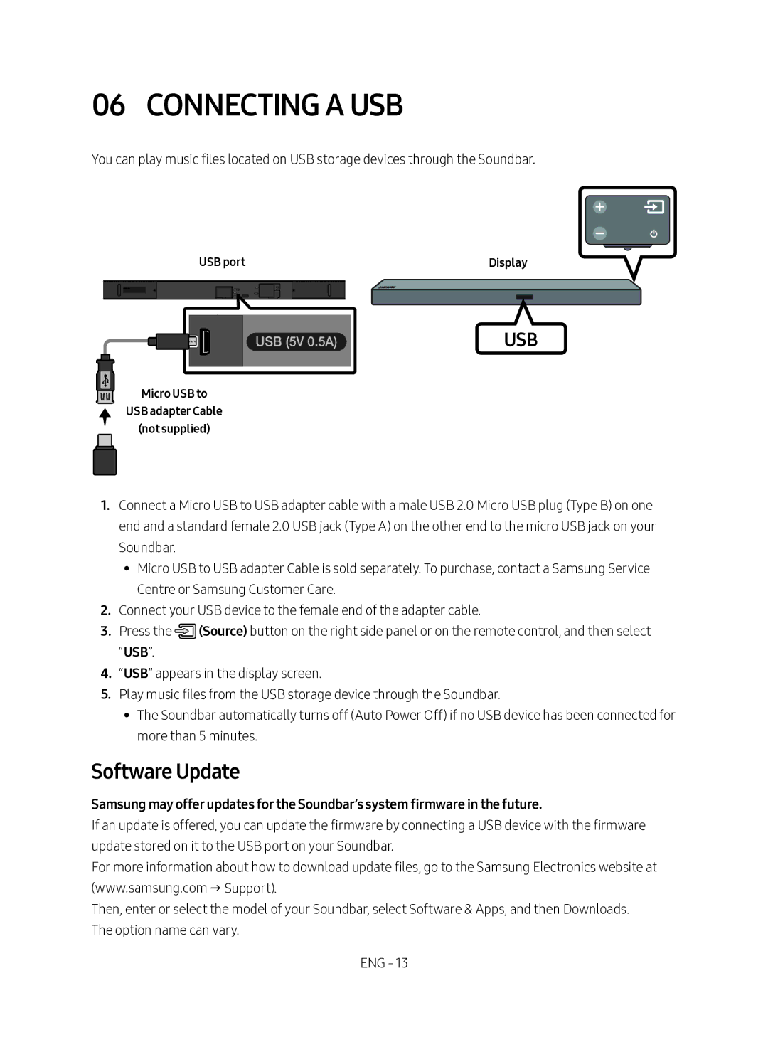 Samsung HW-M560/XE manual Connecting a USB, Software Update, USB port Display, Micro USB to USB adapter Cable Not supplied 