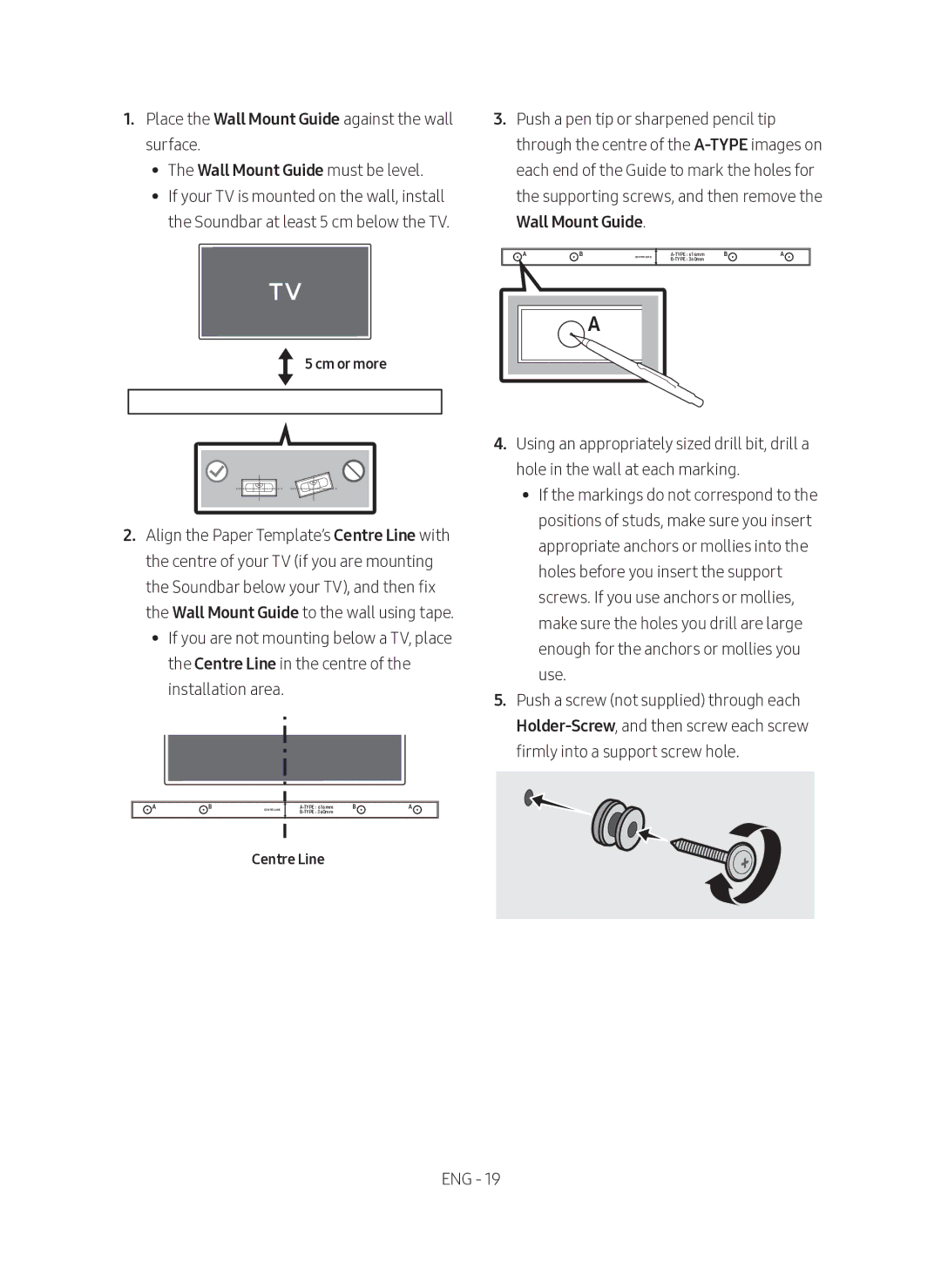 Samsung HW-M560/XE manual Wall Mount Guide, Cm or more, Centre Line 