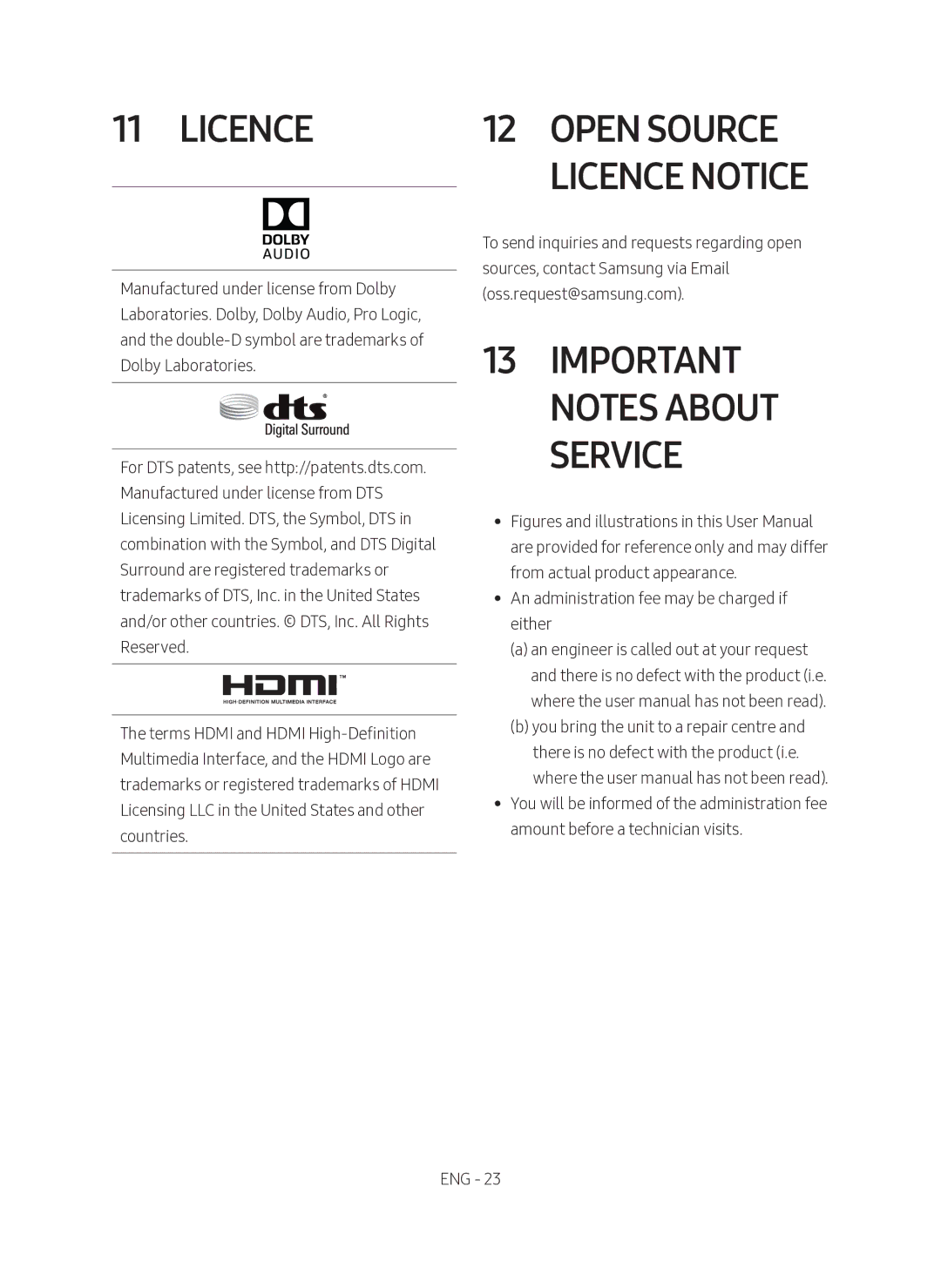 Samsung HW-M560/XE manual Open Source Licence Notice, Important Notes About Service 