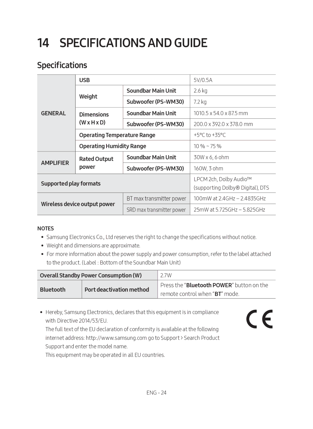 Samsung HW-M560/XE manual Specifications and Guide 