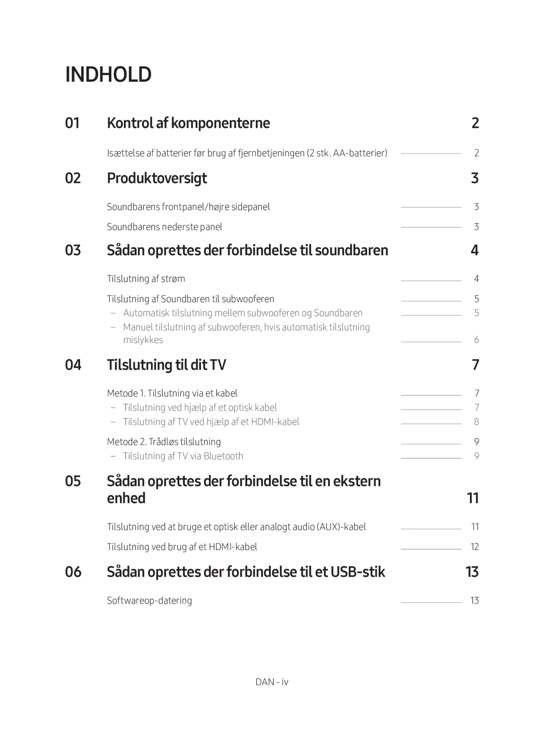 Samsung HW-M560/XE manual Indhold, Kontrol af komponenterne, Produktoversigt, Tilslutning til dit TV, Enhed 