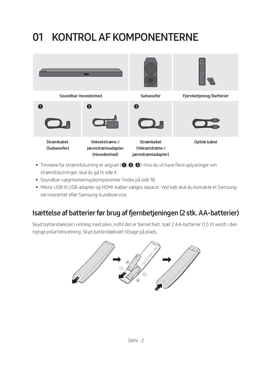 Samsung HW-M560/XE manual Kontrol af komponenterne, Soundbar-hovedenhed Subwoofer, Strømkabel 