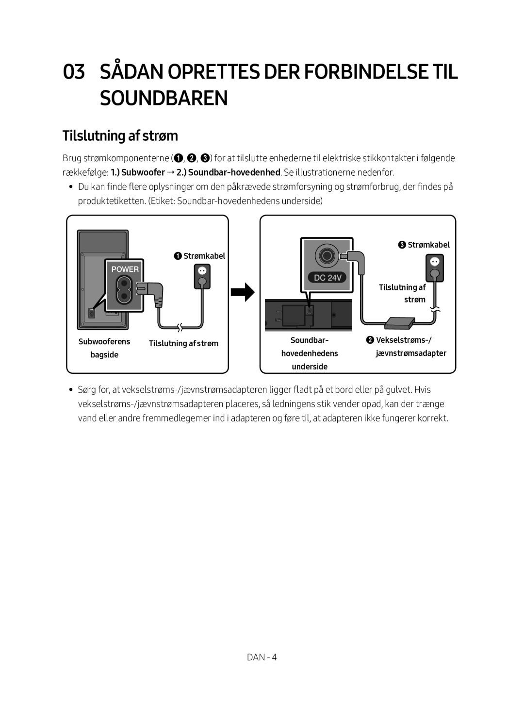 Samsung HW-M560/XE manual 03 Sådan oprettes der forbindelse til soundbaren, Tilslutning af strøm 